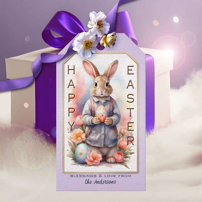 Étiquettes-cadeau Aquarelle Joyeux lapin de Pâques (A pretty Easter gift tag featuring a watercolor bunny with flowers and eggs, framed by lilac)