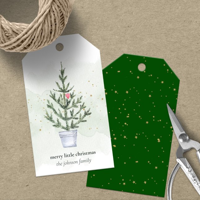 Étiquettes-cadeau Aquarelle Joyeux Petit Arbre de Noël (Cute Personalized Merry Little Christmas Gift Tags with Christmas Green Accents)