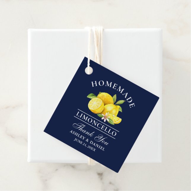 Étiquettes Cadeau Aquarelle Lemons Limoncello Merci Carré bleu (En situation)