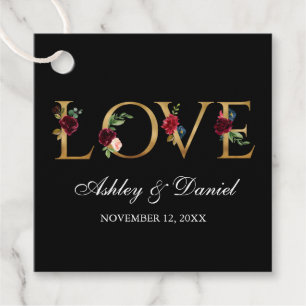 Étiquettes Cadeau Aquarelle mariage Bourgogne Floral Black Gold Love