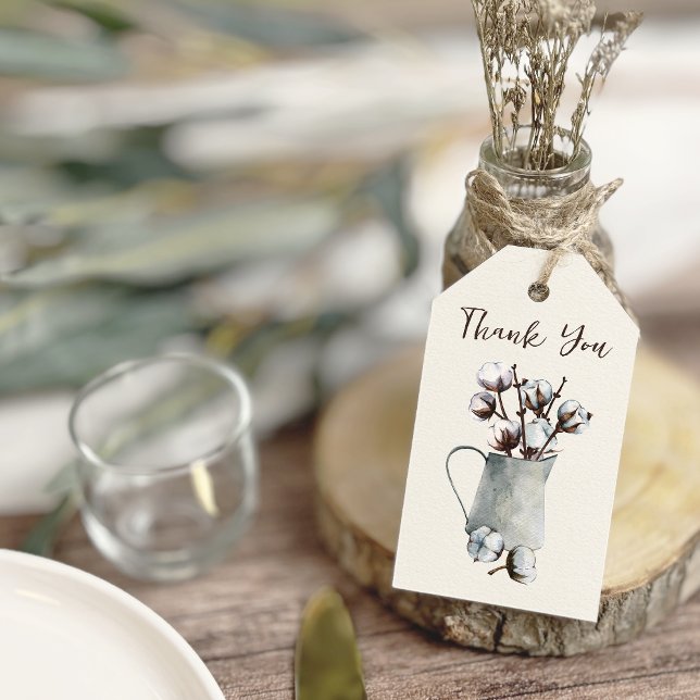 Étiquettes-cadeau Aquarelle Mariage de tonneaux en gris (Watercolor Cotton Stems in Gray Pitcher Wedding Gift Tags)
