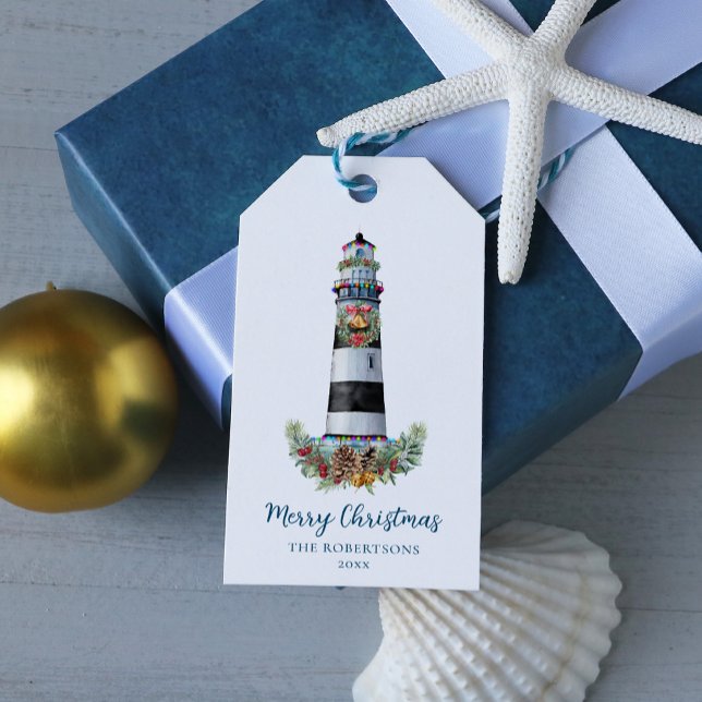 Étiquettes-cadeau Aquarelle marine du phare de Noël (Créateur téléchargé)