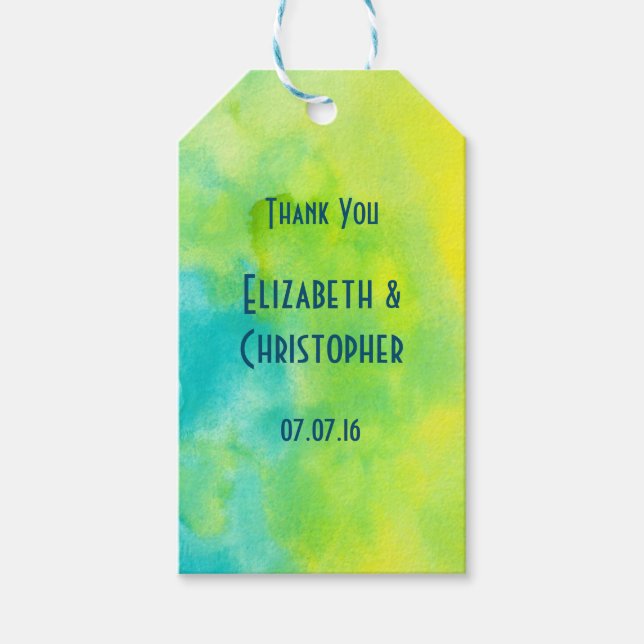 Étiquettes-cadeau Aquarelle Merci jaune et bleu (Devant)