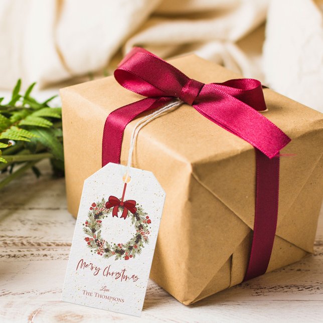 Étiquettes-cadeau Aquarelle mignonne Baies rouges Wreath Joyeux Noël (Créateur téléchargé)