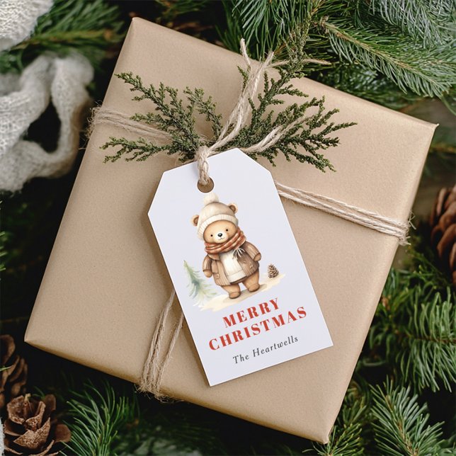 Étiquettes-cadeau Aquarelle mignonne Ours Joyeux Noël (Créateur téléchargé)