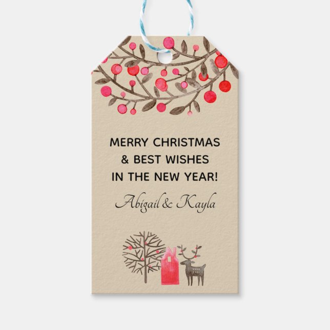 Étiquettes-cadeau Aquarelle mignonne Reindeer Tonalité Terre ou tout (Devant)