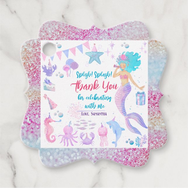Étiquettes Cadeau Aquarelle mignonne sirène Merci fête d'anniversair (Devant)