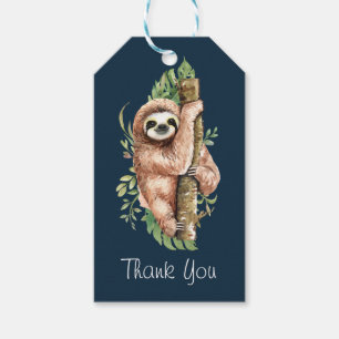 Étiquettes-cadeau Aquarelle mignonne Sloth & Merci Feuille Tropical
