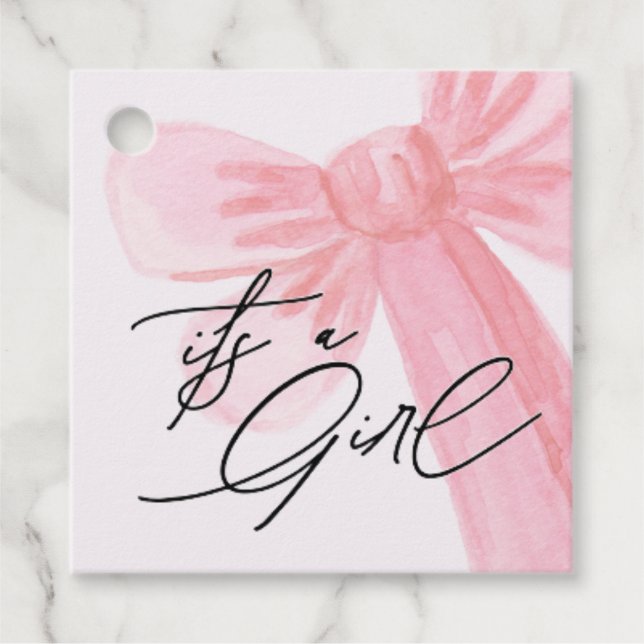 Étiquettes Cadeau Aquarelle moderne Blush Bow rose "C'est une fille" (Devant)