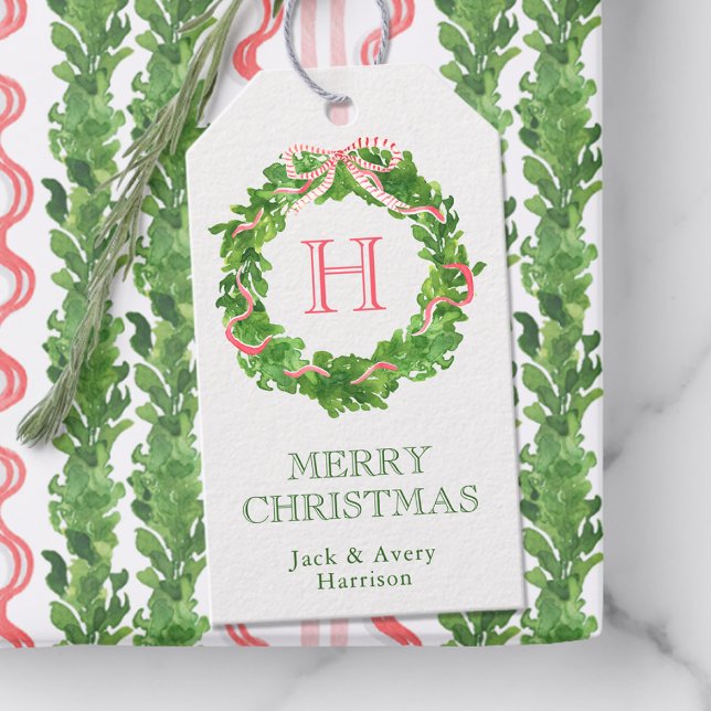 Étiquettes-cadeau Aquarelle Monogramme de Noël à bille (Créateur téléchargé)