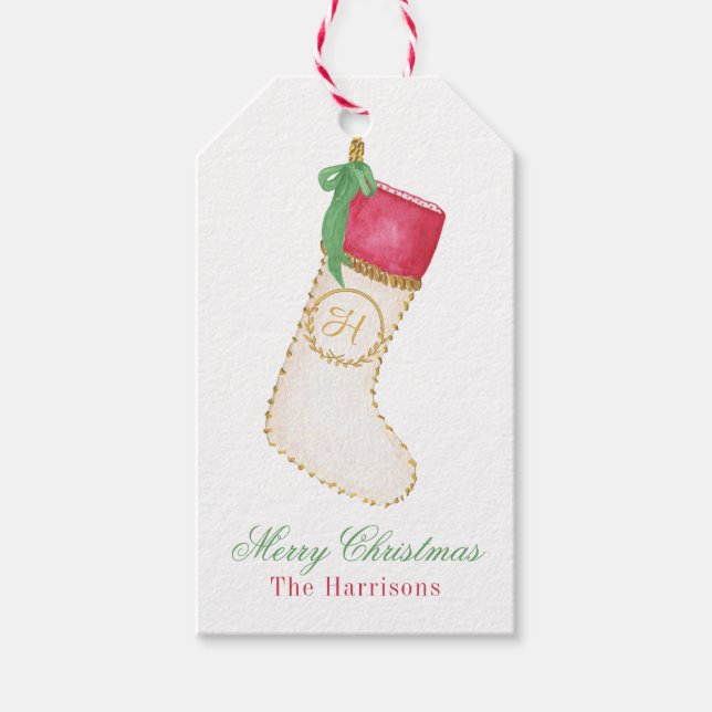 Étiquettes-cadeau Aquarelle Monogramme Stocking Personnalisé (Devant)