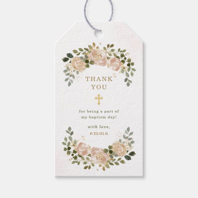 Étiquettes-cadeau Aquarelle neutre Floral et Croix d'or | Baptême (Devant)