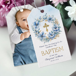 Étiquettes-cadeau Aquarelle or et bleu Floral Photo Boy Baptême