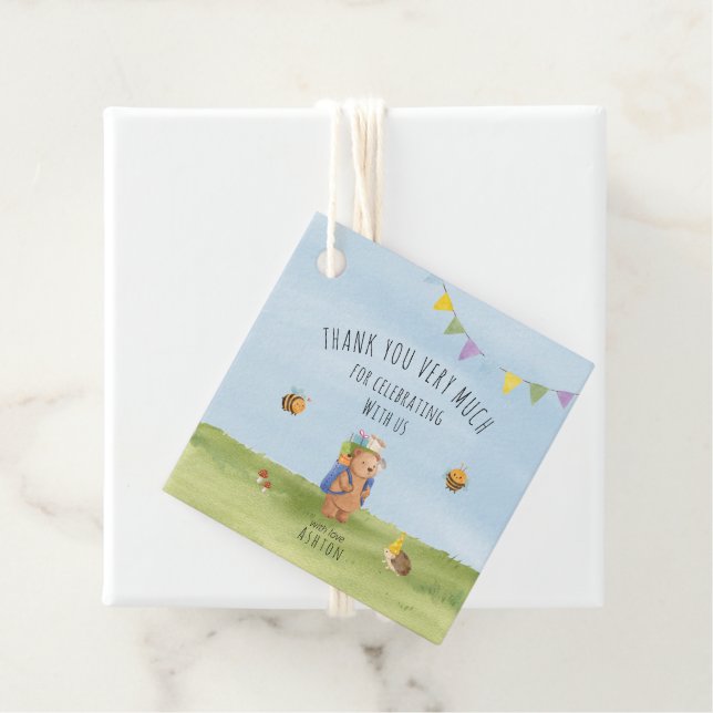 Étiquettes Cadeau Aquarelle ours en peluche, aventure merci (En situation)