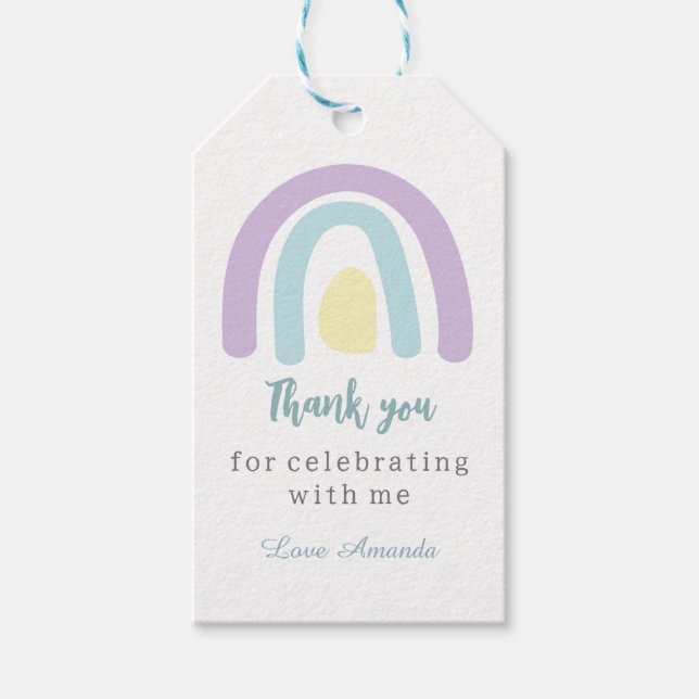 Étiquettes-cadeau Aquarelle pastel boho arc-en-ciel Merci d'annivers (Devant)