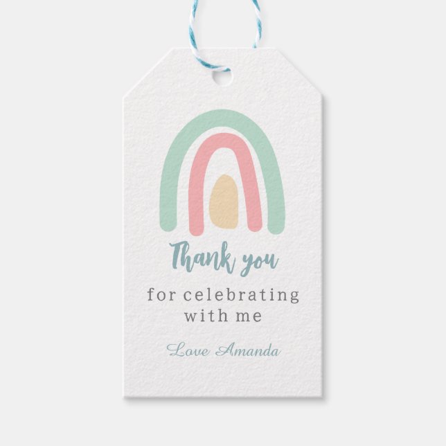 Étiquettes-cadeau Aquarelle pastel boho arc-en-ciel Merci d'annivers (Devant)