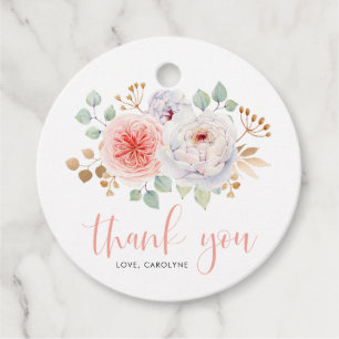 Étiquettes Cadeau Aquarelle Peach Peonies et Merci Feuille or
