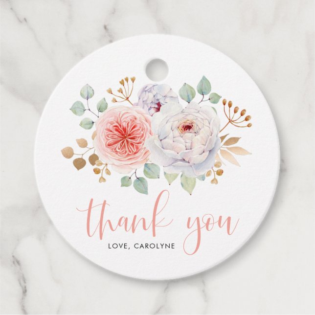 Étiquettes Cadeau Aquarelle Peach Peonies et Merci Feuille or (Devant)