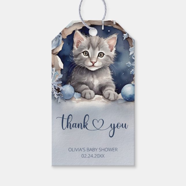 Étiquettes-cadeau Aquarelle petit chaton Baby shower Merci (Devant)