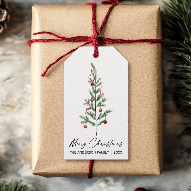 Étiquettes-cadeau Aquarelle Pine Arbre Calligraphie Encre Noël (Customize to add more text to back of tag.)