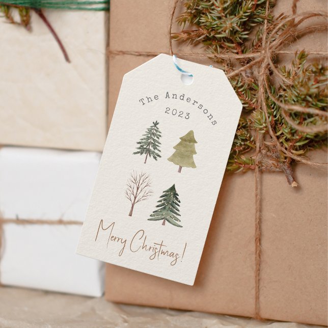 Étiquettes-cadeau Aquarelle Pine Arbres de Noël Famille Photo (Créateur téléchargé)