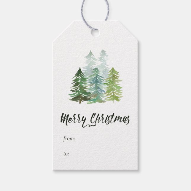 Étiquettes-cadeau Aquarelle Pine Arbres Noël (Devant)