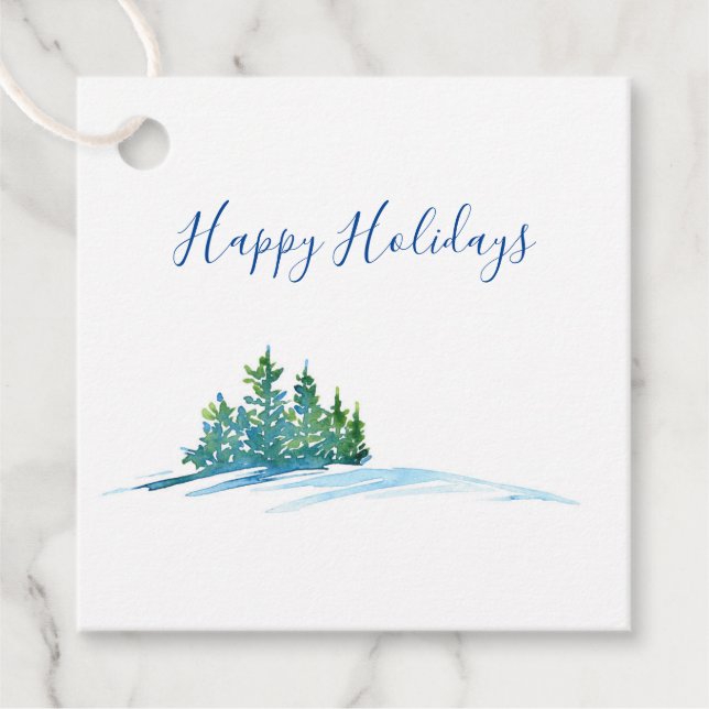 Étiquettes Cadeau Aquarelle Pine Arbres Snowscape (Devant)