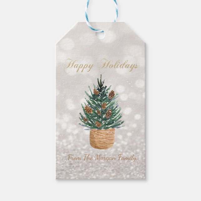 Étiquettes-cadeau Aquarelle Pine Tree, Pine cônes Parties scintillan (Devant)