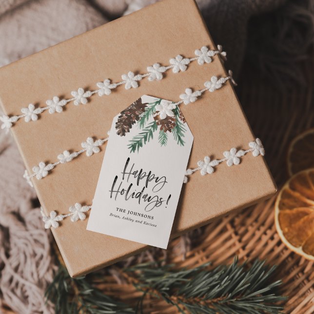 Étiquettes-cadeau Aquarelle Pinecones Brush Script Joyeux Vacances (Créateur téléchargé)