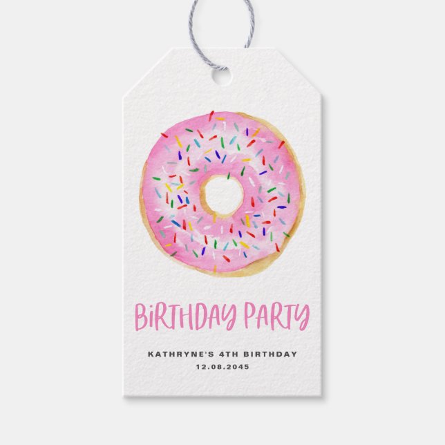 Étiquettes-cadeau Aquarelle Pink Donut arrose Merci d'anniversaire (Devant)