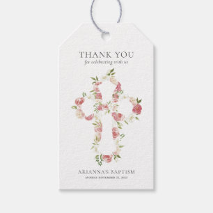 Étiquettes-cadeau Aquarelle Pink Floral Cross Baptism