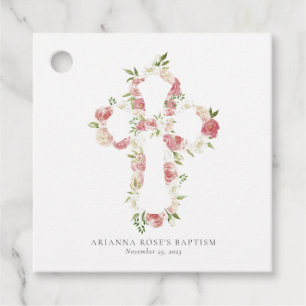 Étiquettes Cadeau Aquarelle Pink Floral Cross Baptism