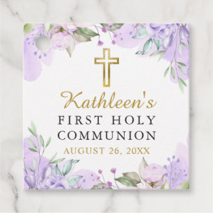 Étiquettes Cadeau Aquarelle Purple Floral Premier Merci Communion