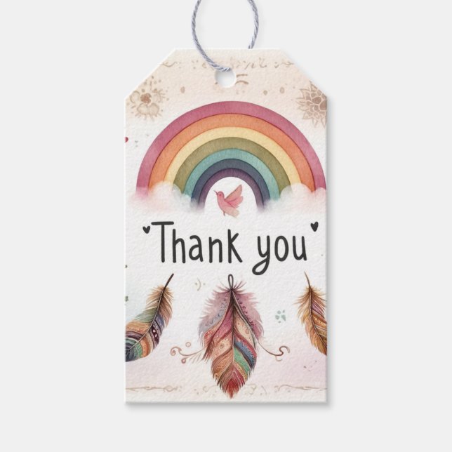Étiquettes-cadeau Aquarelle Rainbow Bird & Feathers Boho Merci (Devant)