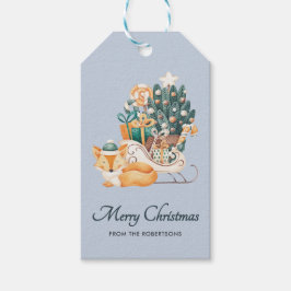 Étiquettes-cadeau Aquarelle Renard Noël Sleighs Vacances Bleu