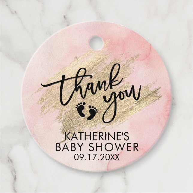 Étiquettes Cadeau Aquarelle rose Baby shower à brosse or (Devant)