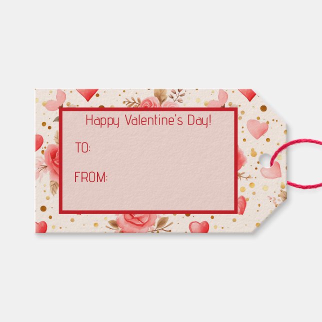 Étiquettes-cadeau Aquarelle rose de Valentine Roses et coeurs (Devant (Horizontal))