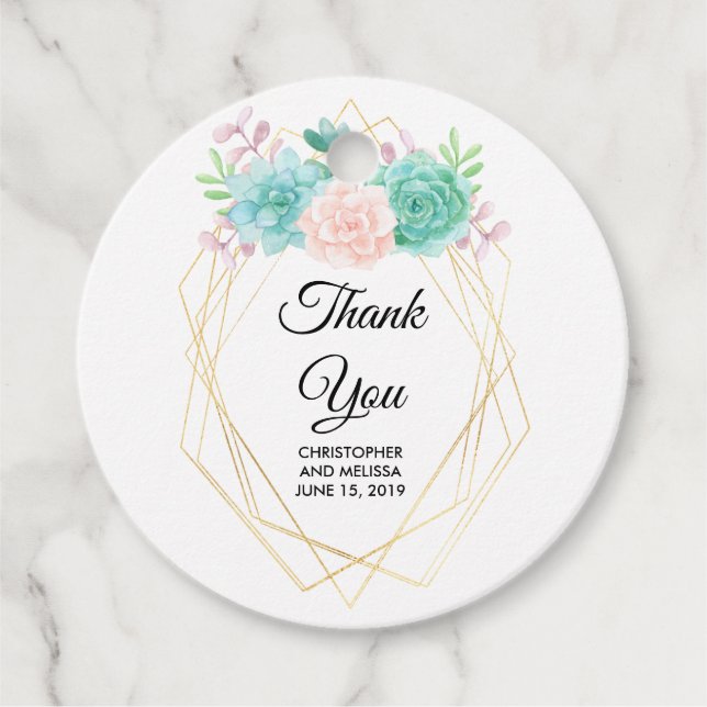 Étiquettes Cadeau Aquarelle rose et vert moderne Mariage Succulent (Devant)