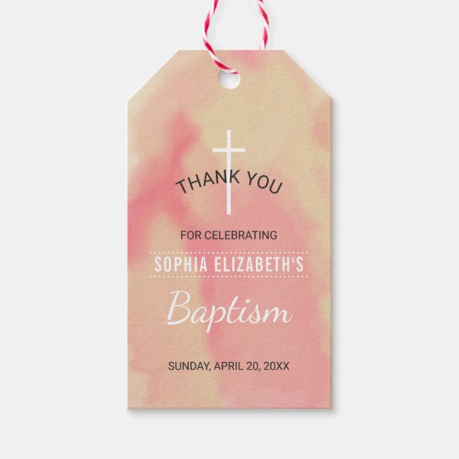Étiquettes-cadeau Aquarelle rose filles Baptême Merci (Devant)