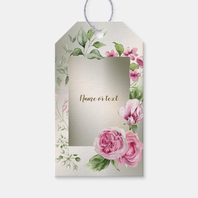Étiquettes-cadeau Aquarelle rose Floral Frame Bronze brillant (Devant)