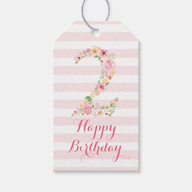Étiquettes-cadeau Aquarelle rose florale DEUX 2e anniversaire (Devant)