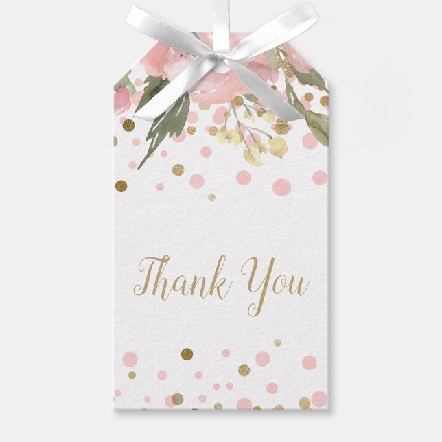 Étiquettes-cadeau Aquarelle rose or Faveur florale (Pink gold baby shower favor and gift tags.)