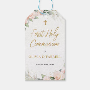 Étiquettes-cadeau Aquarelle rose pâle Fleurs Première Communion