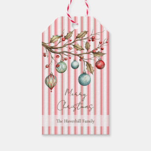 Étiquettes-cadeau Aquarelle rose rayé Ornements Noël Élégant