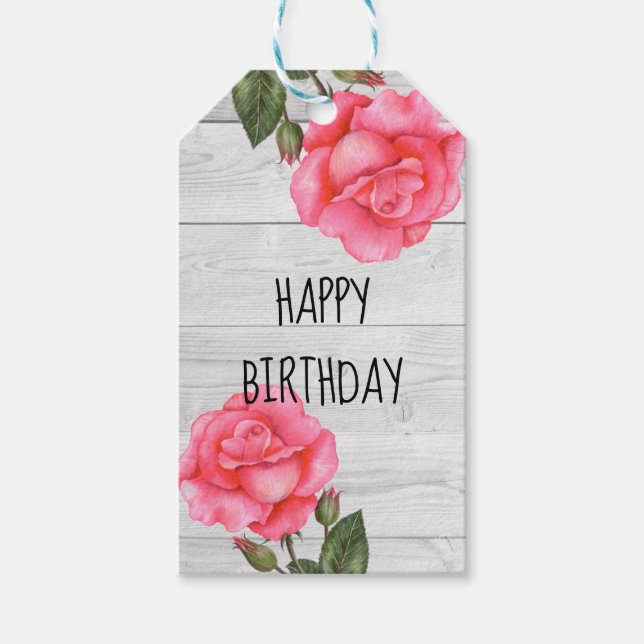Étiquettes-cadeau Aquarelle Rose Rose Rustique Design Joyeux anniver (Devant)