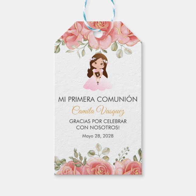 Étiquettes-cadeau Aquarelle rose Roses mignonnes Primera Comunion (Devant)