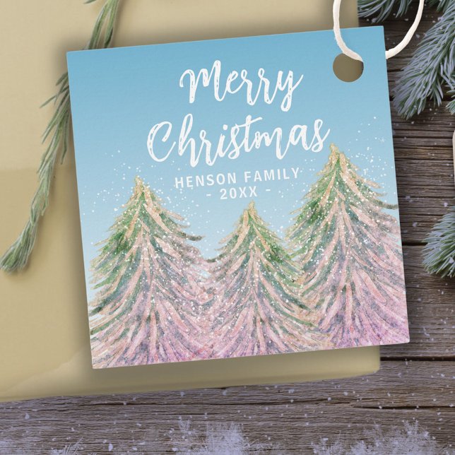 Étiquettes Cadeau Aquarelle rose vert Arbre de Noël Artiste (Créateur téléchargé)