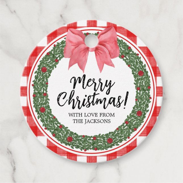 Étiquettes Cadeau Aquarelle rouge Bow Noël Holly Wreath (Devant)