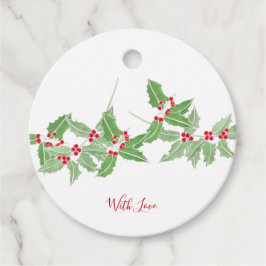 Étiquettes Cadeau Aquarelle Rouge et Vert Holly Bough