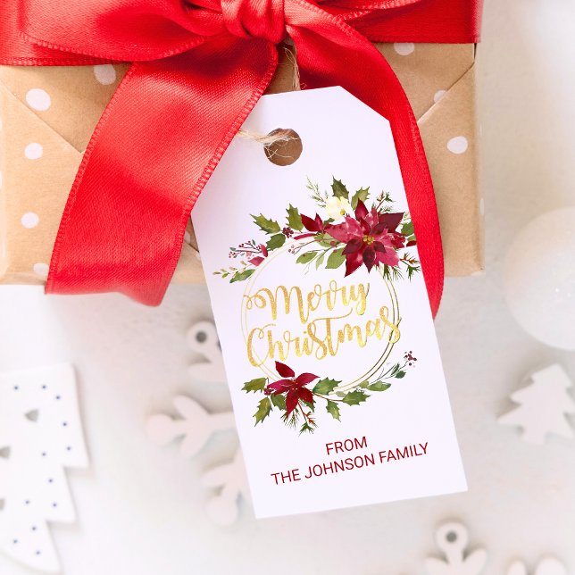 Étiquettes-cadeau Aquarelle rouge or Floral Poinsettia Noël (Red Gold Watercolor Floral Poinsettia Christmas Gift Tags
)